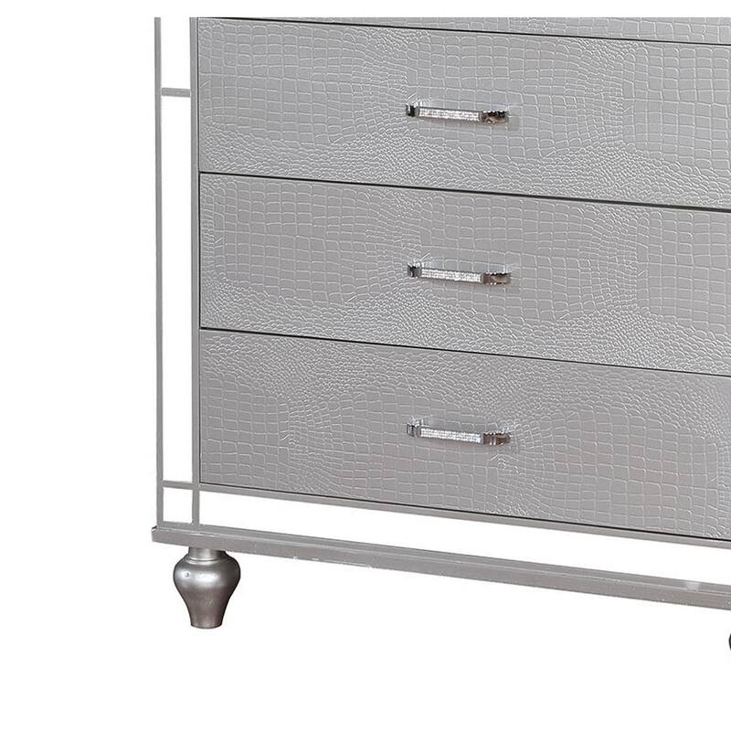 Five Drawer Solid Wood Chest with Mirror Accent Trim Front, Silver