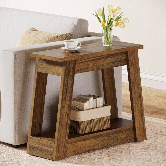 Rustic Wood End Table, Small Side Table With 2-Tier Storage Shelves - 1 piece - Brown