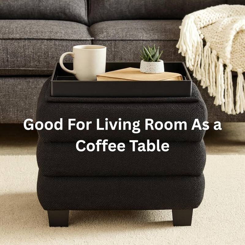 Modern Cube Ottoman with Tray Top and Hidden Storage Linen Seat