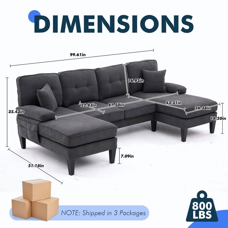 HOMEFUN Linen Upholstered U-Shaped 4-seater Tufted Wood Frame Sectional Sofa with Side Pocket