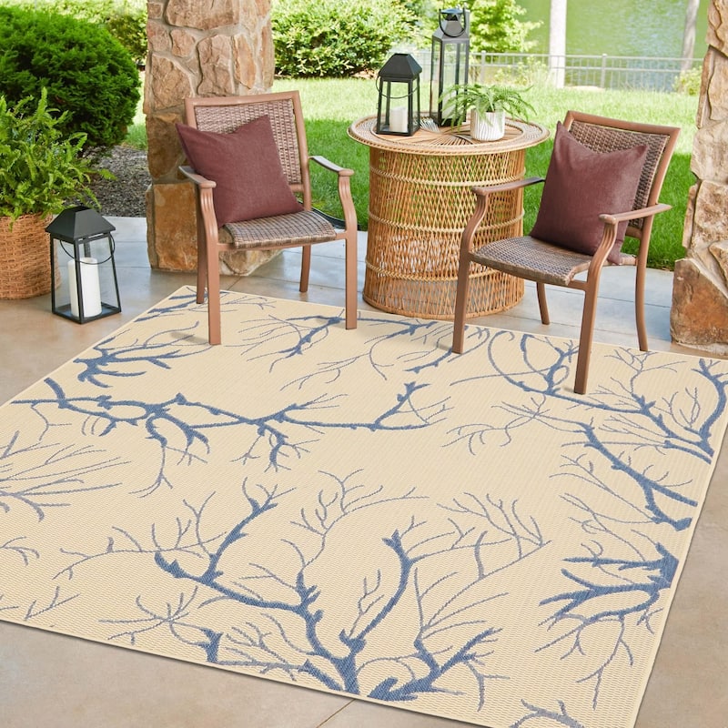 Outdoor Turgh Collection Area Rug - Beige and Blue - 6' Square