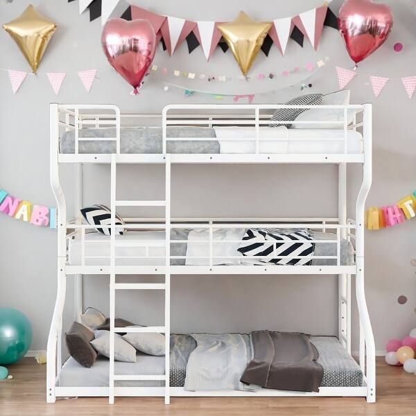 slide 2 of 26, Full XL over Twin XL over Queen Size Triple Bunk Bed with Long and Short Ladder,Unique Industrial Style,2 Color White