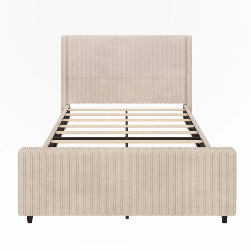 Corduroy Upholstered Bed Frame with Vertical Stripe Wingback and High Footboard