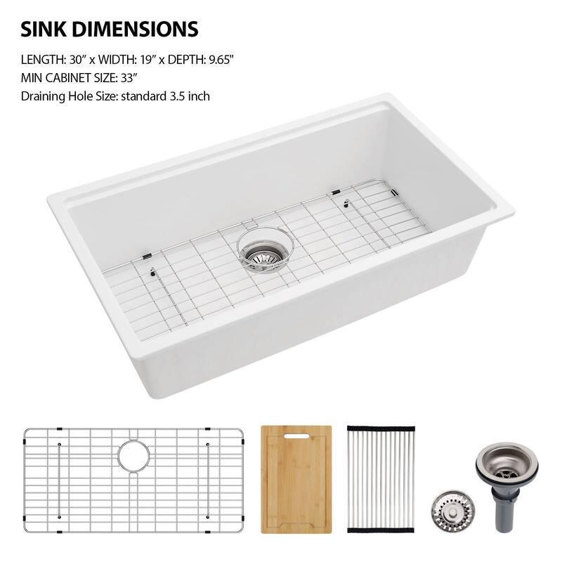Lordear Undermount Kitchen Quartz Sink Workstation Composite Sink Solid Surface - 30" x 19" x 9.65" - White