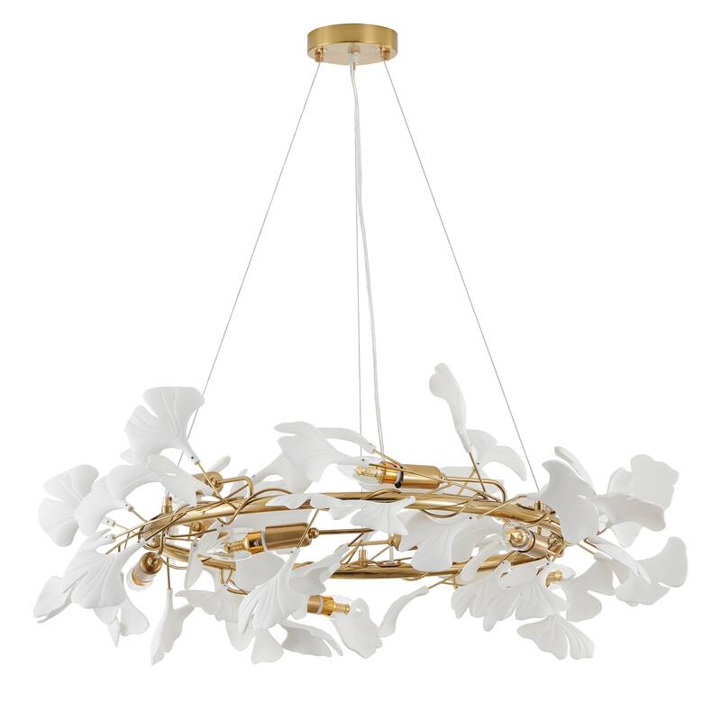 10 Light Round Brass Frame Chandelier with White Acrylic Leaf Accents