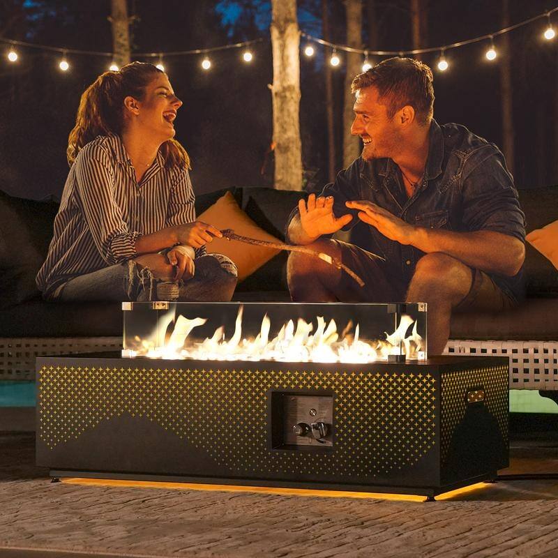 FINCATI Propane Fire Pit Coffee Table, Rectangle Natural Gas Outdoor Fire Pit Modern Gas Firepit, 42'' Fire Pit Table