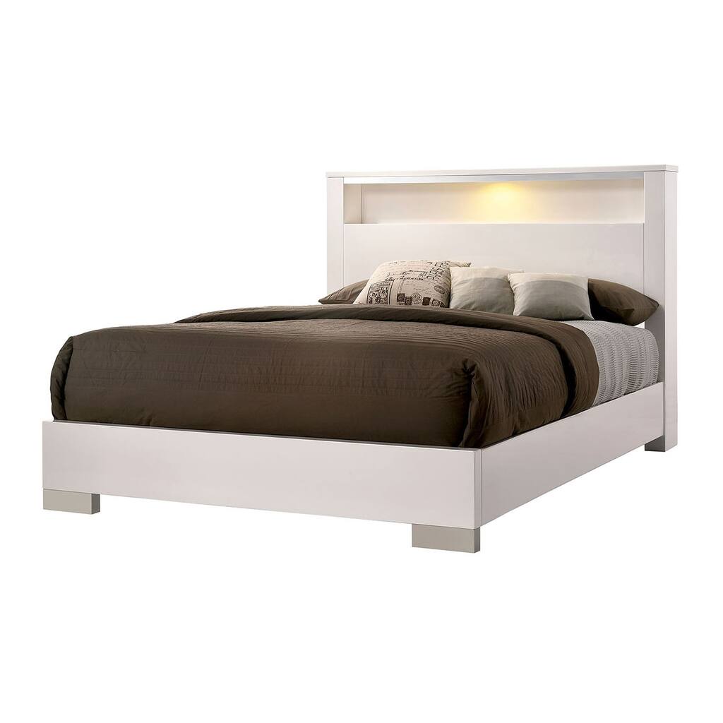 Modern Eastern King Size Bed with Shelved Headboard and LED Light, White