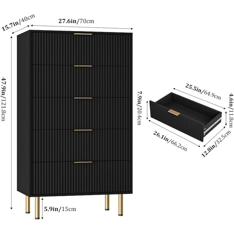 Fluted 5 Drawer Dresser for Bedroom, Wooden Chest with Wide Drawers, Modern Storage Organizer for Closet, Hallway