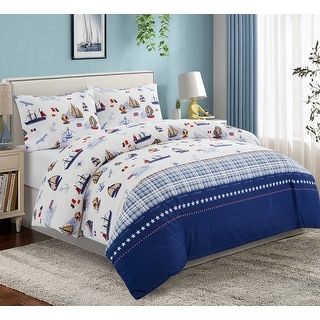 Kids Boys Printed 600 Thread Count Soft Cotton Blend Percale Duvet Cover Set with Corner Tie and Zipper, Nautical Sailing Boat