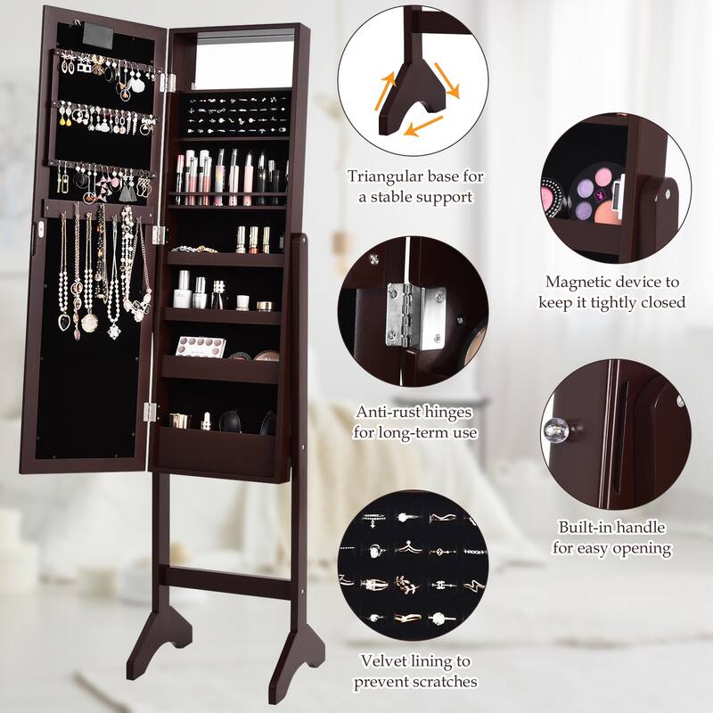 LED-Lighted Standing Jewelry Armoire Storage Cabinet with Full Length Mirror - 14" x 12.5" x 57" (L x W x H)