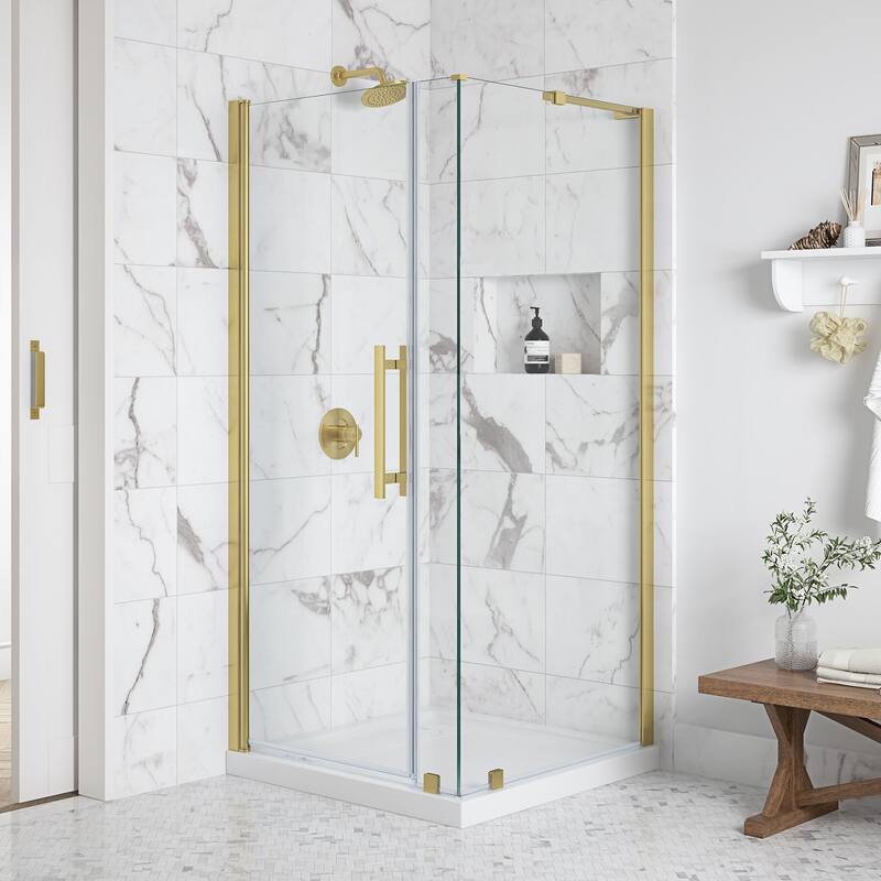 OVE Breeze Pivot Corner Frameless Pivot Shower Door Kit with Base Pan - 36" - Brushed Gold