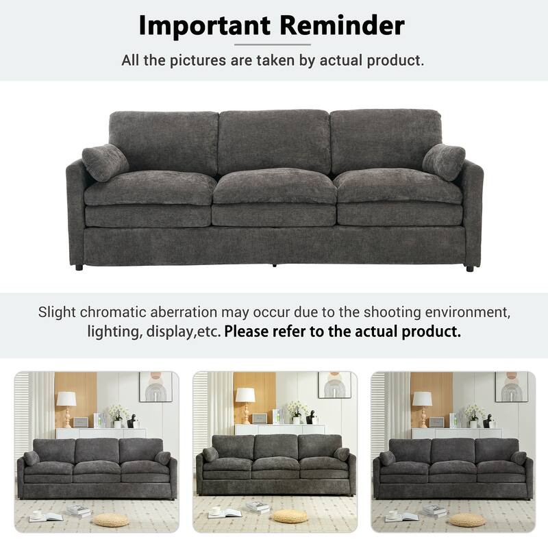 Modern Chenille Comfy Upholstered 3-Seat Sofa, Comfy Cloud 3-seater Sofa w2 Lumbar Pillow Plush Cushion Sofa Couch