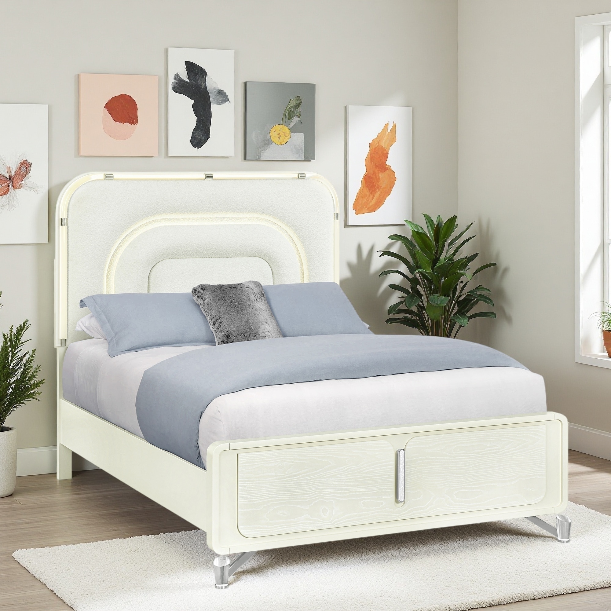 Queen Size Solid Wood Panel Bed with LED Headboard, and  Geometric Legs
