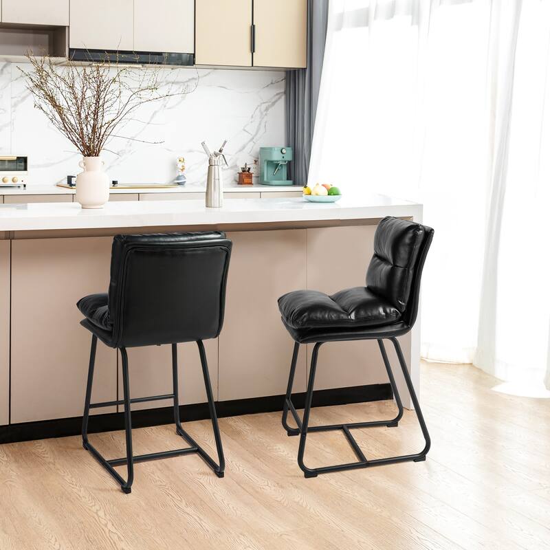 Glitzhome Set of 2 Modern Faux Leather Soft Springy Metal Legs Counter or Bar Stools - Set of 4 - Black - Counter Height