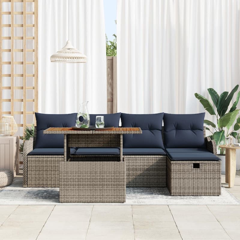 vidaXL 6 Garden Sofa Set with Cushions Black/Grey Poly Rattan - 90.9 x 46.1 x 27.2