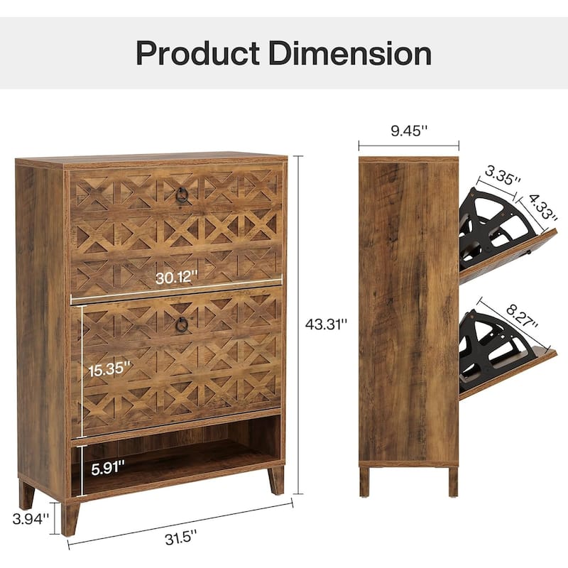 Brown Wood Shoe Cabinet with 2 Flip Drawers, Shoe Storage Organizer for Entryway