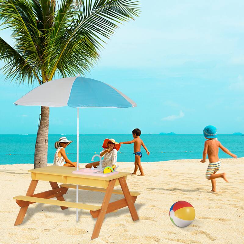 Wooden Kids Picnic Table, Sand and Water Table with Umbrella, Activity Table for Outdoor Backyard Patio Play