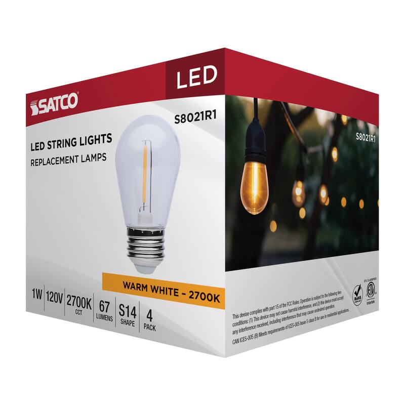 S14 LED String Light Replacement Lamp Medium Base 2700K Clear 4-Pack