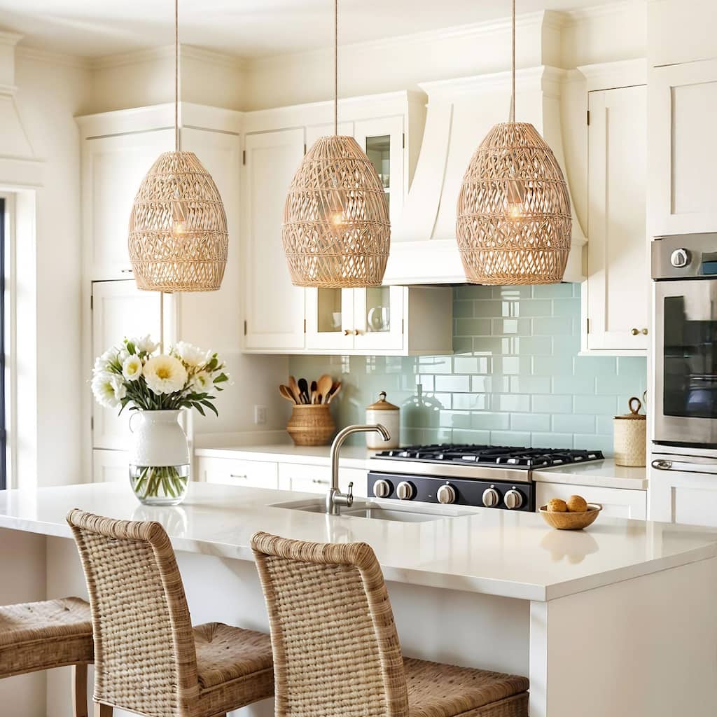 Callie Rattan Pendant Light - Natural Bell 1-Light Handwoven Ceiling Light For Modern, Transitional, Farmhouse Room Decor