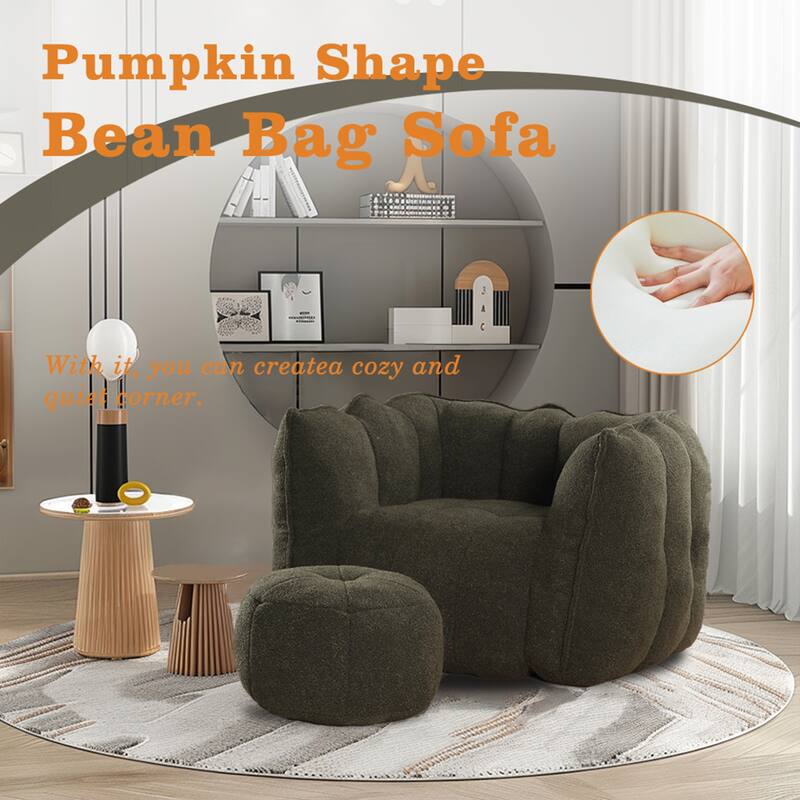Soft Bean Bag Lazy Sofa with Footstool for Living Room and Bedroom - Olive Green