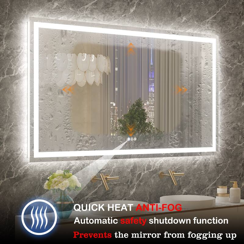 Large Rectangular Frameless Anti-Fog LED Light Wall Mounted Bathroom Vanity Mirror in White - N/A