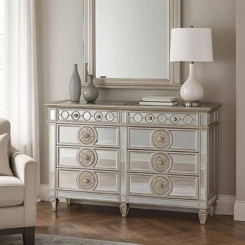 Dresser with Mirror Front 8 Drawers and Sunburst Motifs, Silver