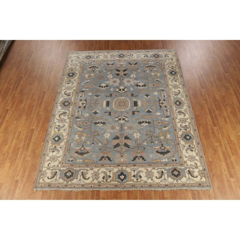Light Blue Floral Oushak Indian Rug Handmade Traditional Wool Carpet - 9'3" x 11'9"