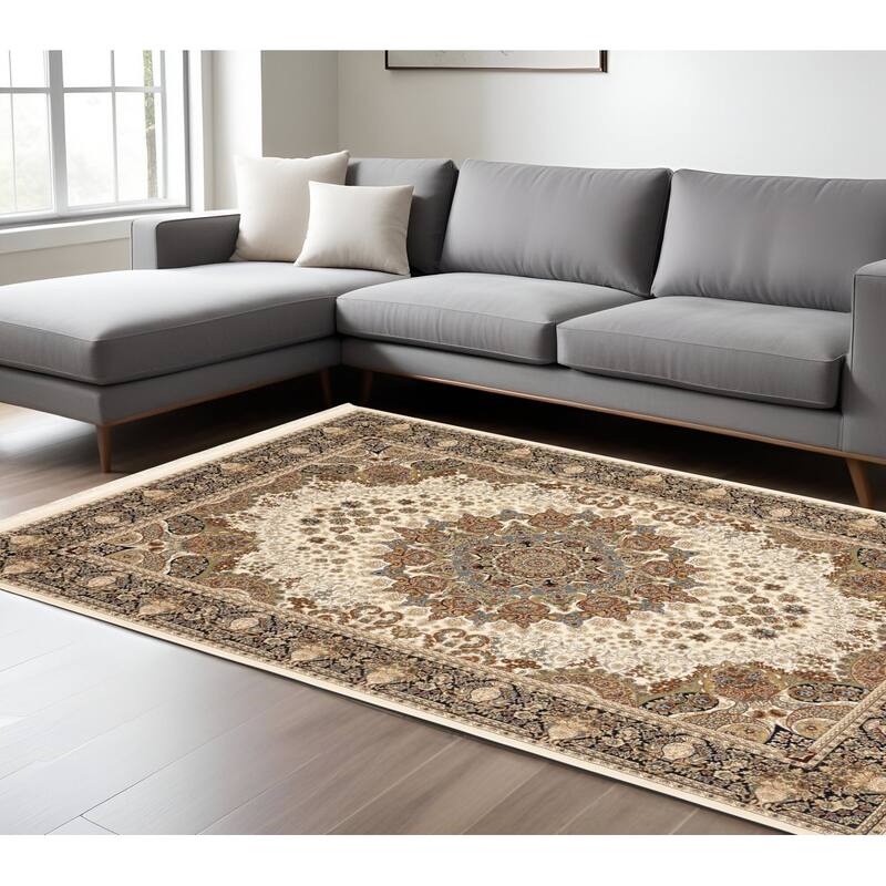 HomeRootsMedallion Traditional Rectangle Area Rug - 153.54' X '118.11' X '0.16 - Black/Tan/Ivory