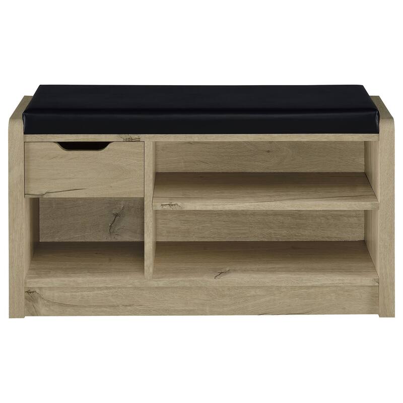 Aryn Storage Bench, Adjustable Shelf, Black Faux Leather, Oak Brown