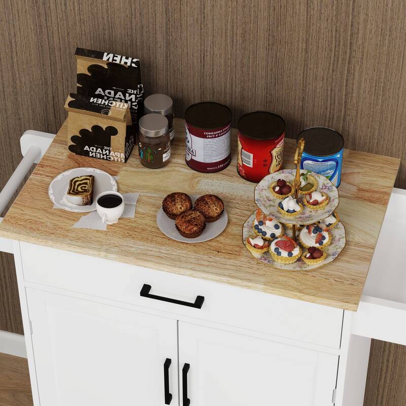 Farmhouse Style Rolling Kitchen Island with Rubber Wood Top, 1 Drawer, Storage Racks, and Locking Casters - White