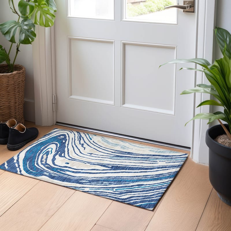 Machine Washable Indoor/ Outdoor Abstract Brushstrokes Chantille Rug - Navy - 1'8" x 2'6"