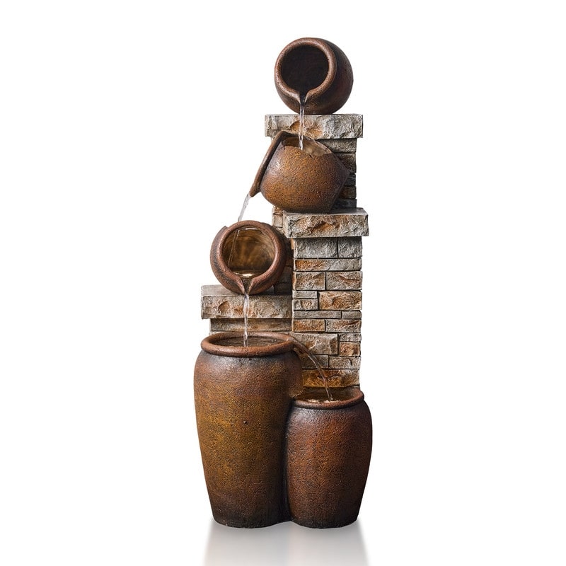 44.09" Glazed Terracotta Pots Polyresin Cascade Water Fountain Weather Resistant