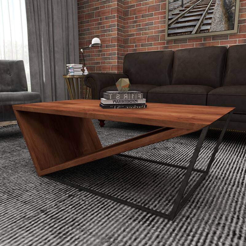 Brown Wood Diagonal Open Frame Living Room Coffee Table with Gray Metal Base