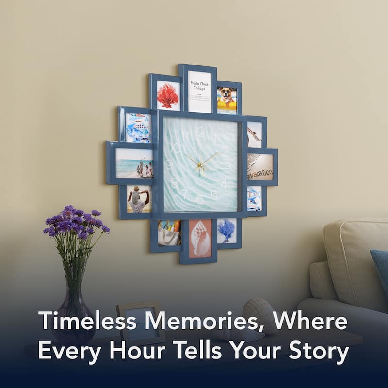 American Art Decor Picture Frame Collage Wall Clock 12 Photo Display Slots