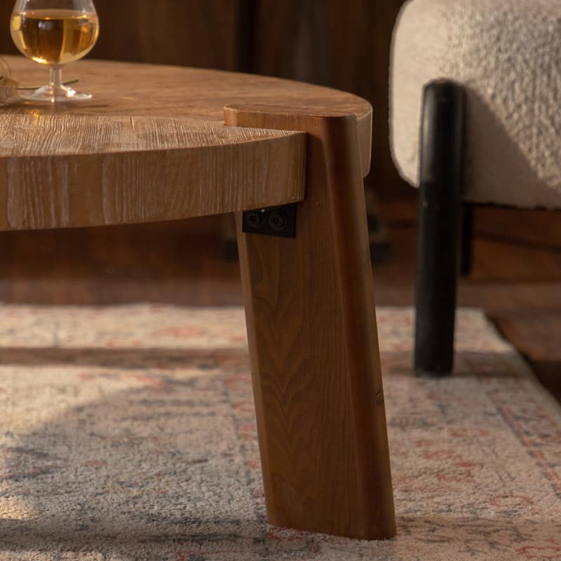 Wood Round Coffee Table for Living Room, Rustic Natural Coffee Table for Apartment, Easy Assembly