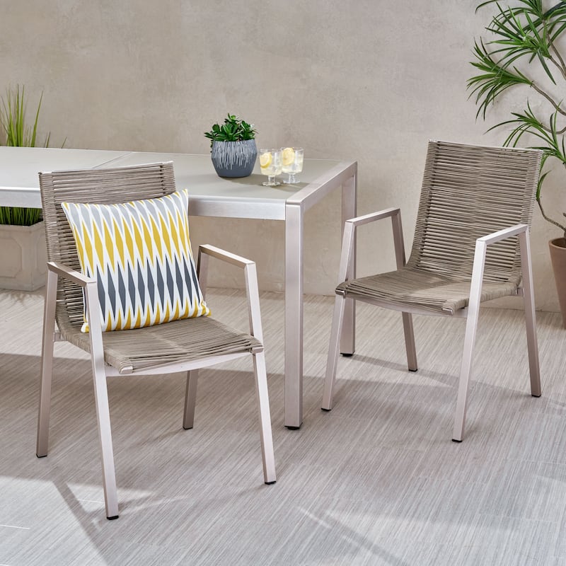 Outdoor Modern Aluminum Dining Chair with Rope Seat (Set of 2) - taupe