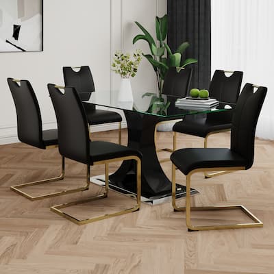 Modern Style Glass Table Set,Elegant Transparent Design Set of 7