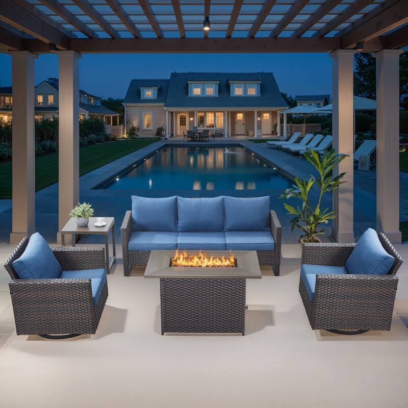Outdoor Sofa with Swivel Chairs and Fire Pit Table - Blue cushion - Brown - Blue - Brown