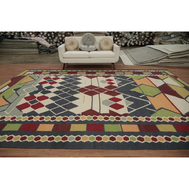 Hand Woven Oriental 100% Wool Carpet Southwestern Tribal Multi-Colored Kilim Area Rug - 13' 3'' X 10' 1''