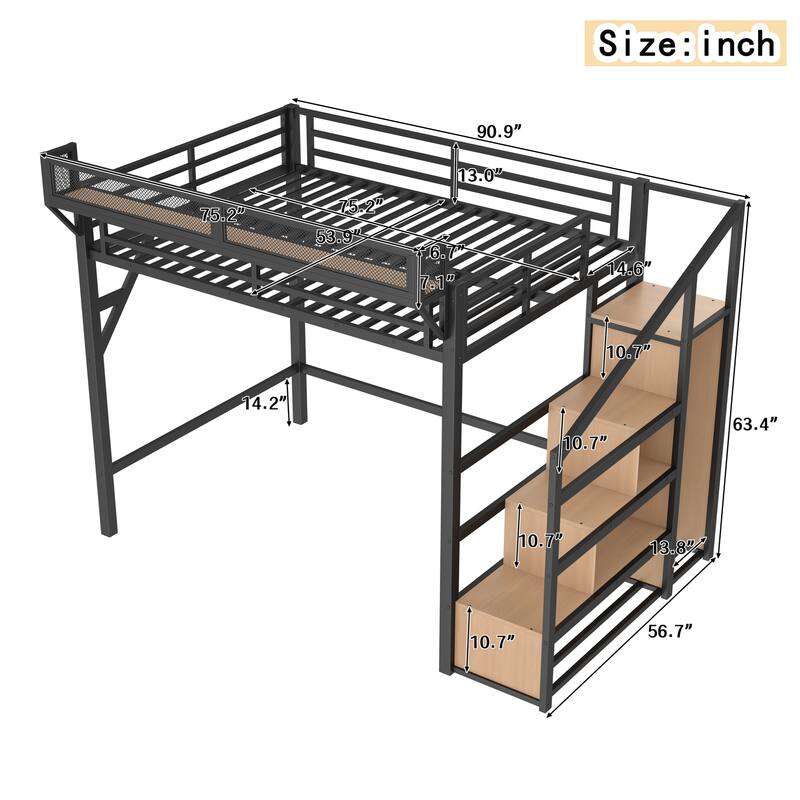 Metal Loft Bed Twin XL/Full/Queen with Storage Stairs, Built-in Wardrobe, USB Ports and LED Lights
