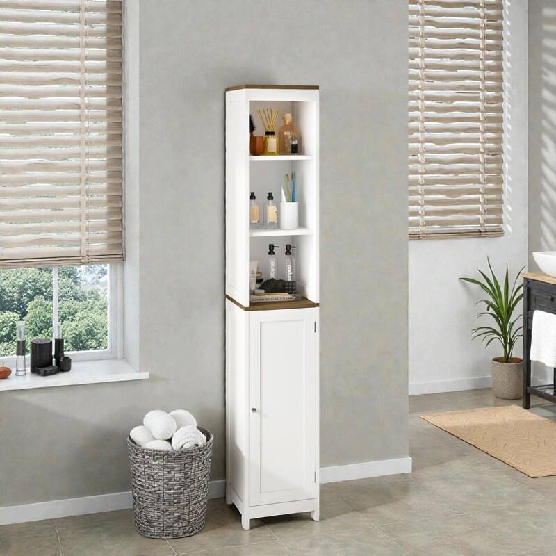 Tall Bathroom Storage Cabinet with Reversible Door, Freestanding Narrow Linen Tower with Open Shelves and Enclosed Cabinet