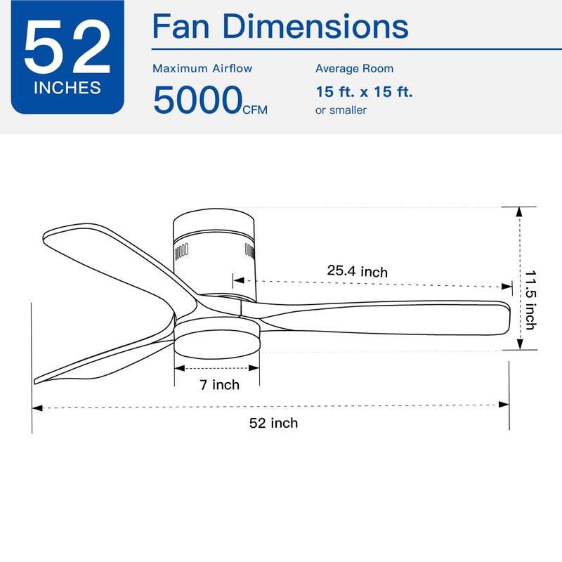 52 In. Semi Flush Ceiling Fan with Integrated LED Light in Solid Wood Blade - Antique brown