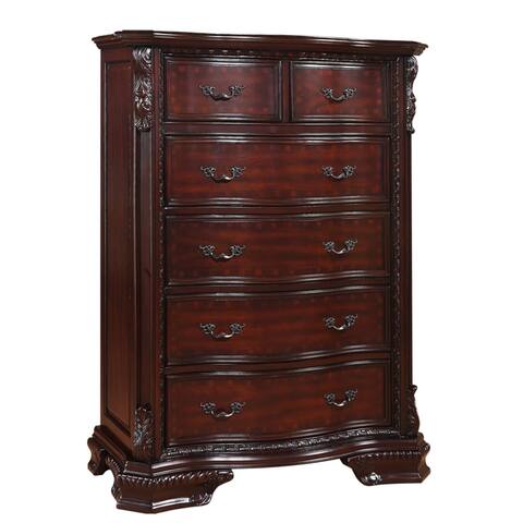 6 Drawers Wooden Chest with Engraved Details and Bracket Feet, Cherry Brown