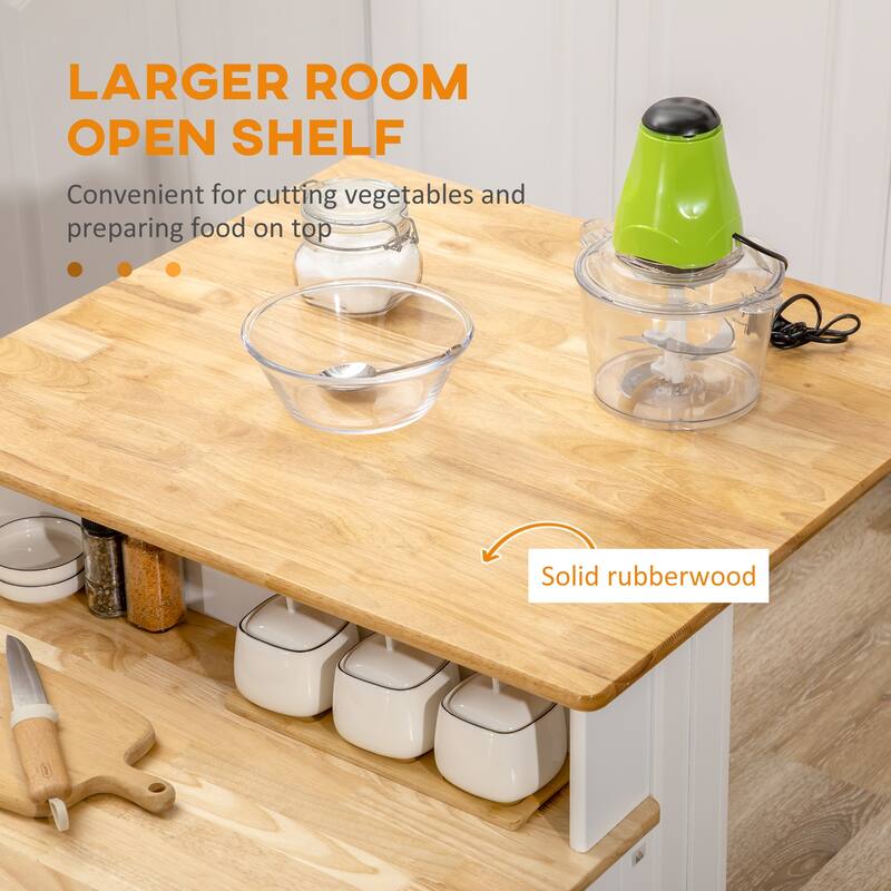 Rubber Wood Top Kitchen Cabinet, Multi-level Stationary Kitchen Island w/ Storage Cabinet &3-level Adjustable Built-in Shelves