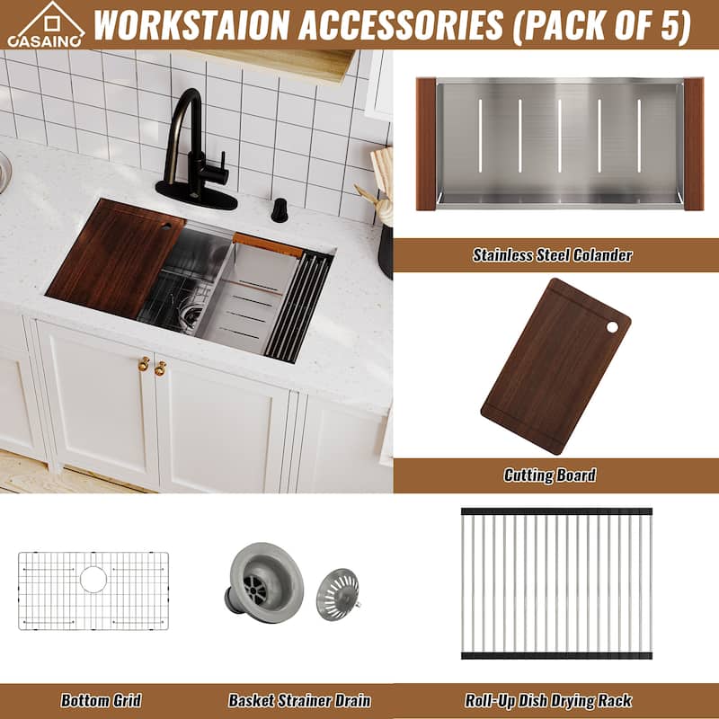 All-in-One Undermount Single Bowl 16 Gauge Nano Brushed Stainless Steel Workstation Kitchen Sink with Accessories and Faucet Set