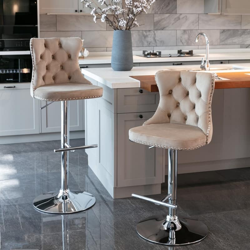 Velvet Swivel Upholstered Barstools with Adjusatble Seat Height and Tufted Comfortable Backs,Set of 2 - Khaki