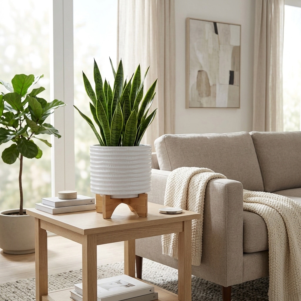 Modern Ribbed Outdoor Planter on Stand - White & Brown