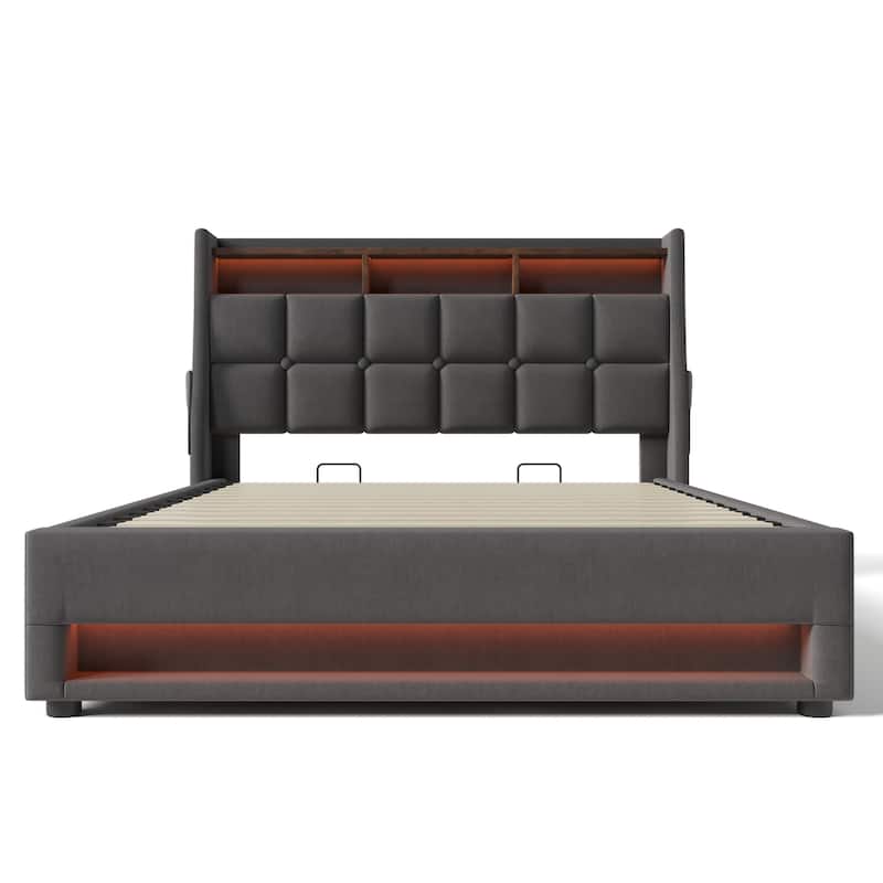 Full size Upholstered Platform bed with a Hydraulic Storage System, LED and USB Charging, without mattress