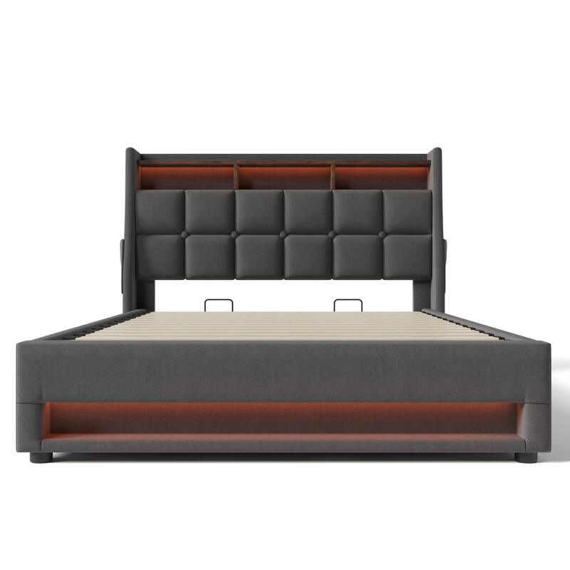 Queen Size Upholstered Bed with Hydraulic Storage, LED, and USB Charging