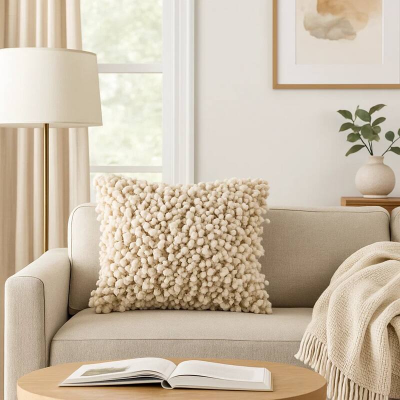 Fabric Accent Pillow with Shaggy Details, Cream